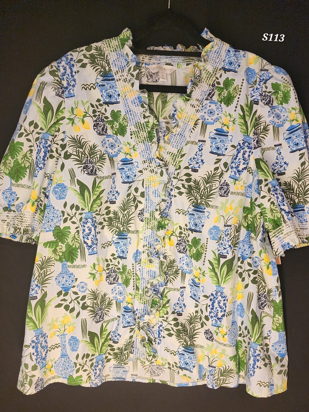 crown & ivy White Button-Front Shirt with Blue & Green Floral Vase Print